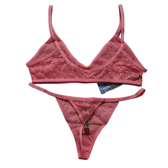 NWT FP Intimately 2 Piece Kelly Set Pink Ruby Lace Hearts Bra Thong Size Medium - Picture 3 of 7